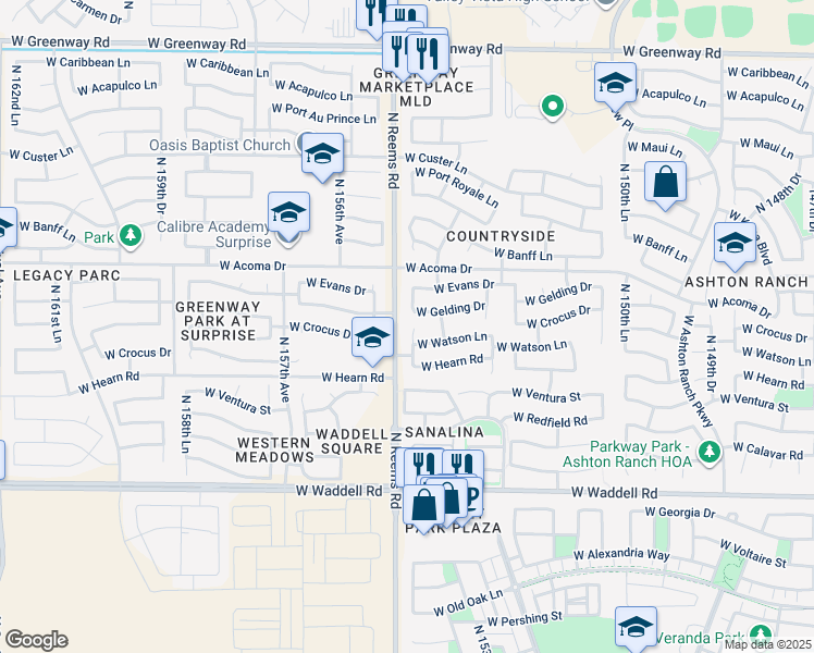 map of restaurants, bars, coffee shops, grocery stores, and more near 14384 North 154th Lane in Surprise