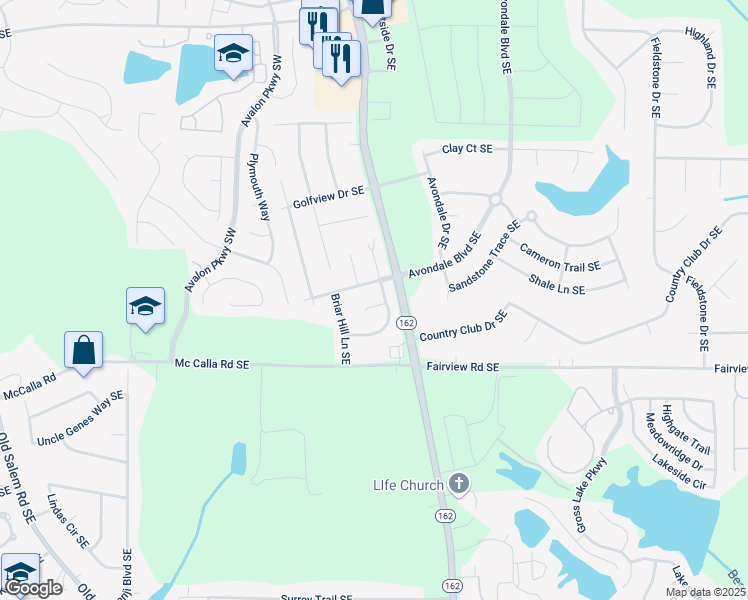 map of restaurants, bars, coffee shops, grocery stores, and more near 2142B Meadowview Court Southeast in Conyers