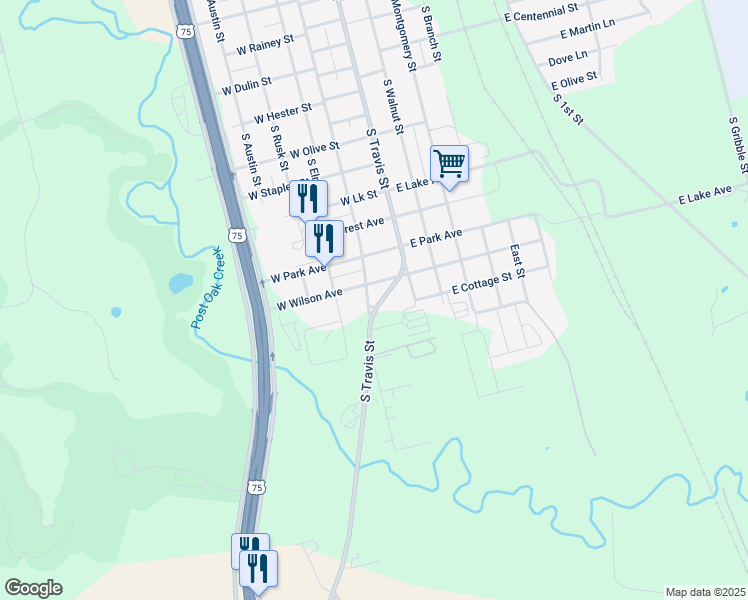 map of restaurants, bars, coffee shops, grocery stores, and more near 2001 S Crockett St in Sherman