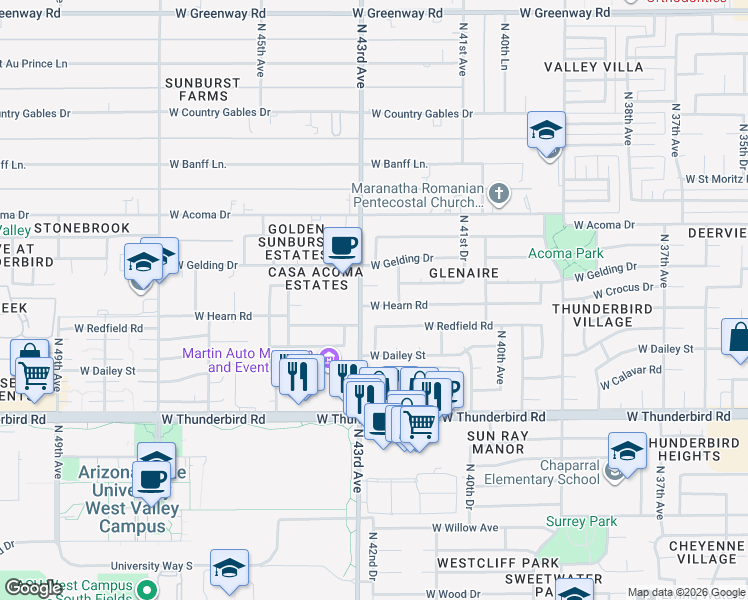map of restaurants, bars, coffee shops, grocery stores, and more near 4228 West Hearn Road in Phoenix