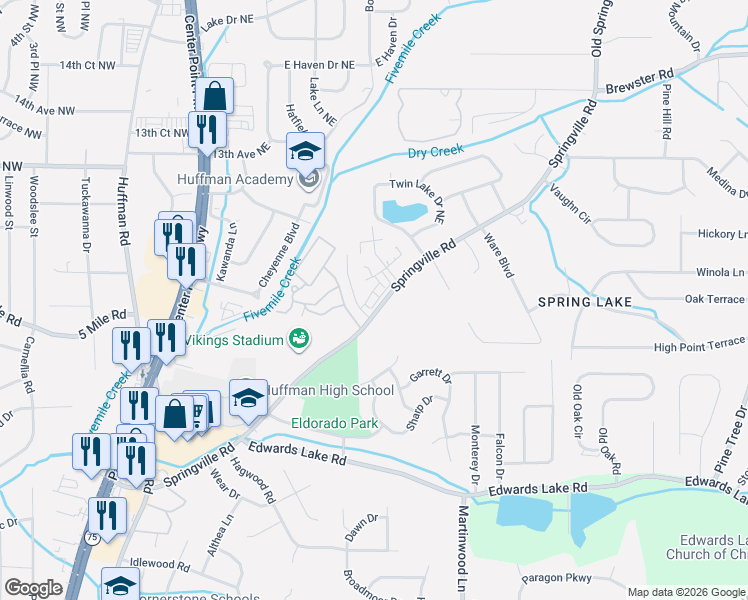 map of restaurants, bars, coffee shops, grocery stores, and more near 1124 Springville Road in Birmingham