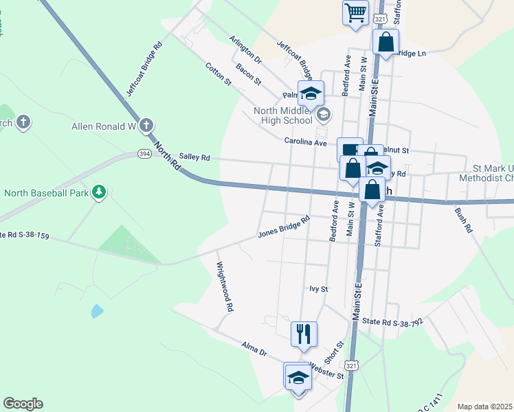 map of restaurants, bars, coffee shops, grocery stores, and more near 218 Edgefield Road in North