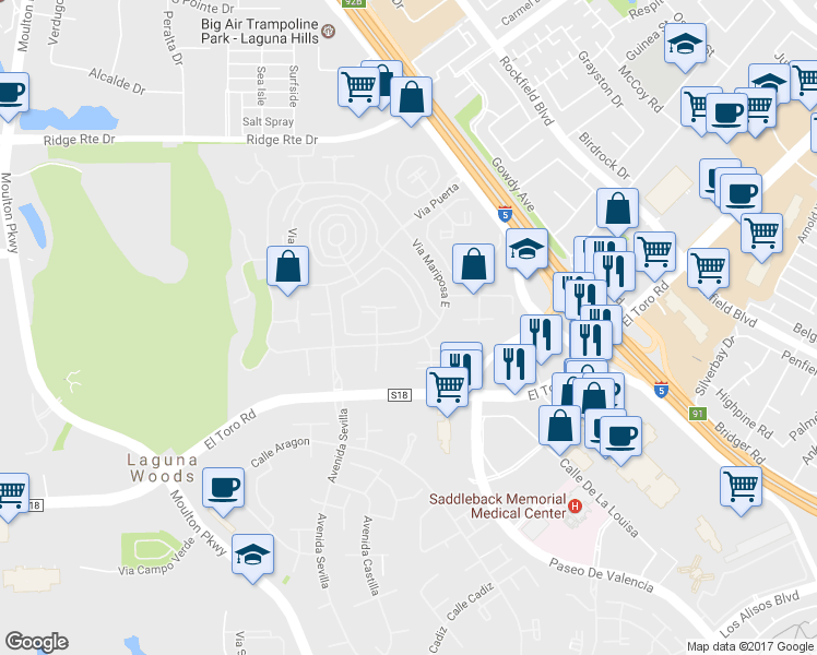 map of restaurants, bars, coffee shops, grocery stores, and more near 2217 Via Mariposa East in Laguna Woods