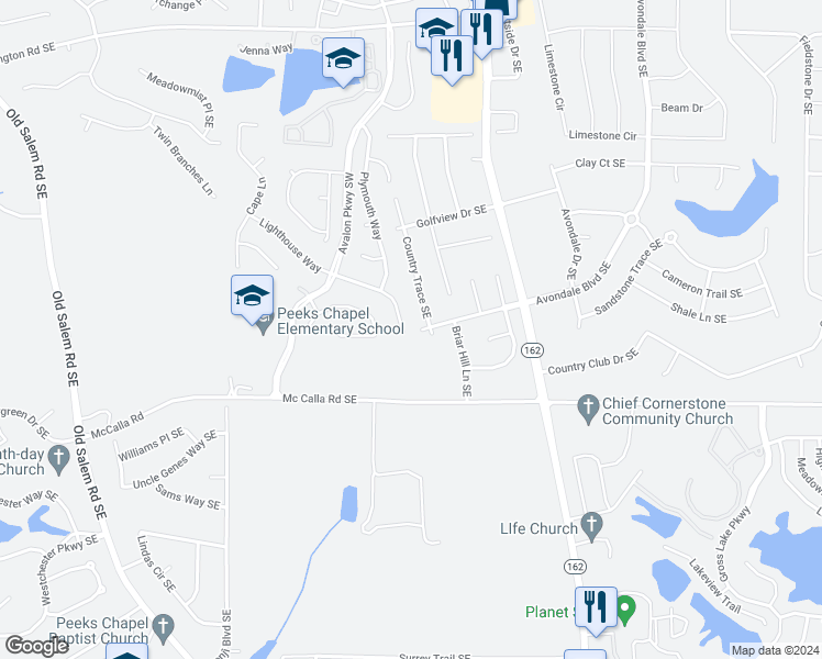 map of restaurants, bars, coffee shops, grocery stores, and more near 2974 Lighthouse Way Southeast in Conyers