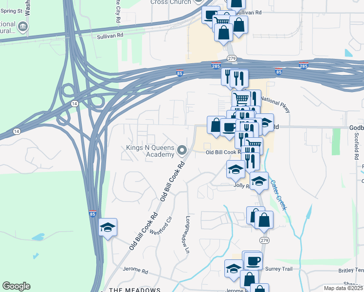 map of restaurants, bars, coffee shops, grocery stores, and more near 2729 Live Oak Trail in College Park