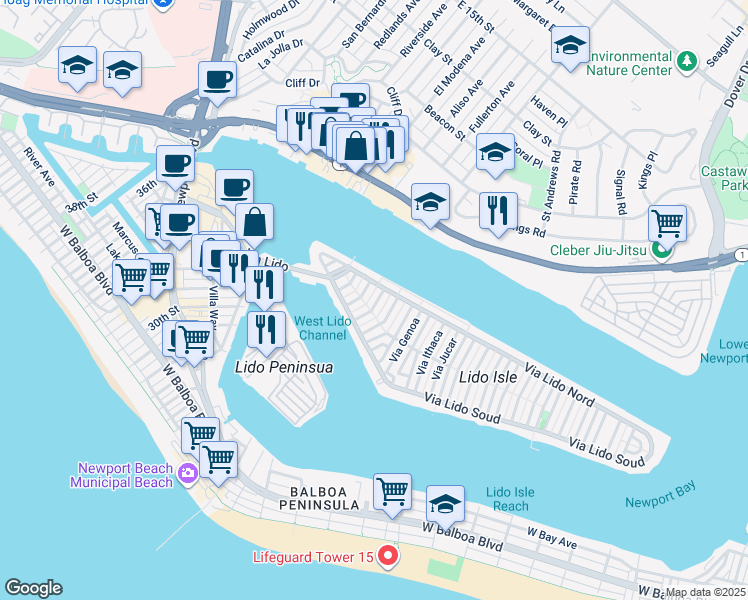 map of restaurants, bars, coffee shops, grocery stores, and more near 211 Via Dijon in Newport Beach