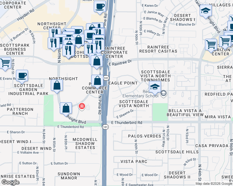 map of restaurants, bars, coffee shops, grocery stores, and more near 8885 East Conieson Road in Scottsdale