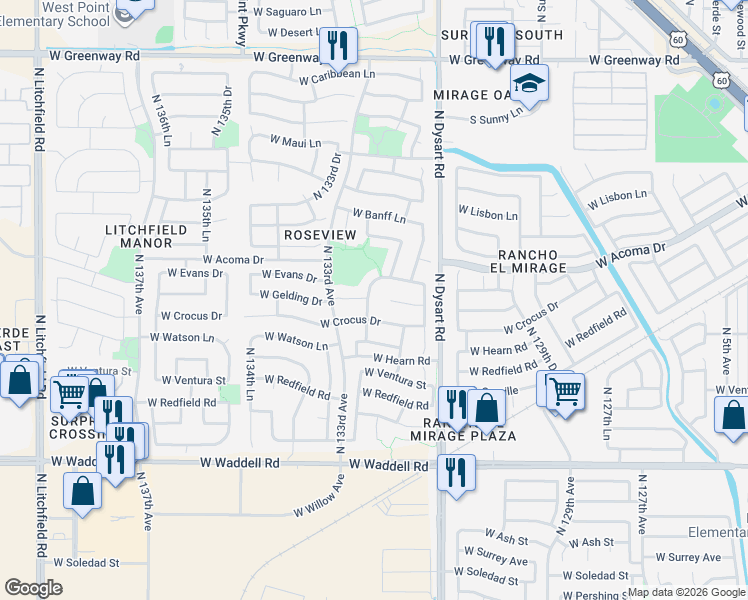 map of restaurants, bars, coffee shops, grocery stores, and more near 14451 North 132nd Drive in Surprise