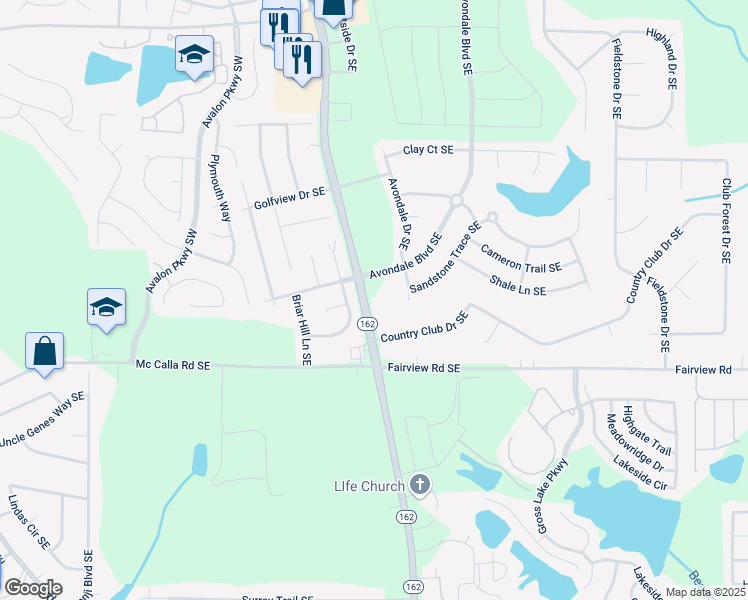 map of restaurants, bars, coffee shops, grocery stores, and more near 2816 Salem Road Southeast in Conyers
