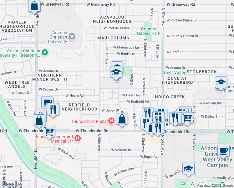map of restaurants, bars, coffee shops, grocery stores, and more near 5256 West Hearn Road in Glendale