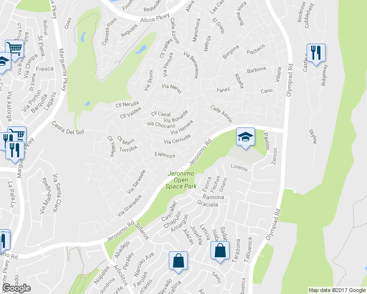 map of restaurants, bars, coffee shops, grocery stores, and more near 28133 Espinoza in Mission Viejo