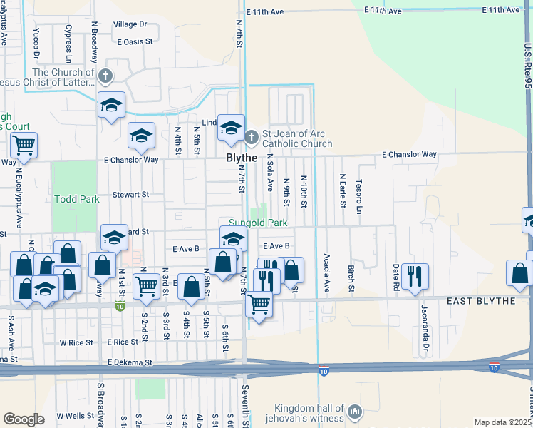 map of restaurants, bars, coffee shops, grocery stores, and more near 331 North Sola Avenue in Blythe