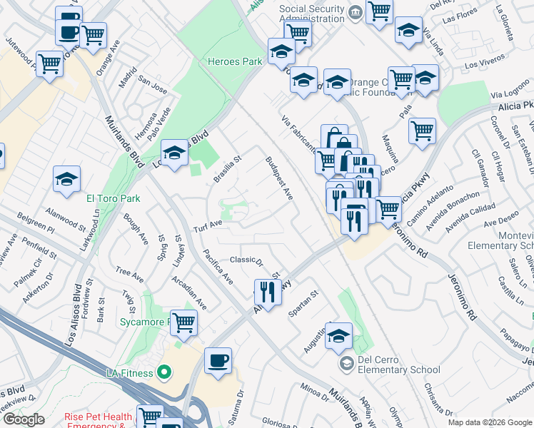 map of restaurants, bars, coffee shops, grocery stores, and more near 23911 Copenhagen Street in Mission Viejo