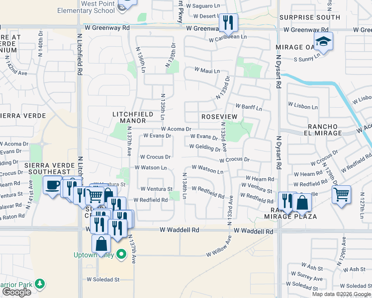 map of restaurants, bars, coffee shops, grocery stores, and more near 13465 West Gelding Drive in Surprise