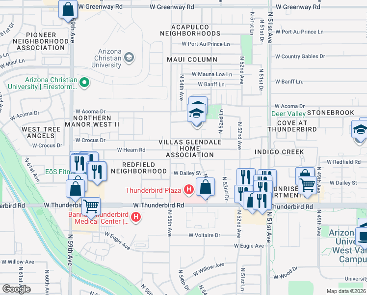 map of restaurants, bars, coffee shops, grocery stores, and more near 5419 West Sheena Drive in Glendale