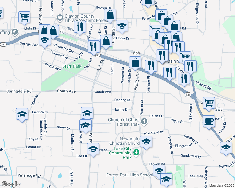map of restaurants, bars, coffee shops, grocery stores, and more near 925 South Avenue in Forest Park