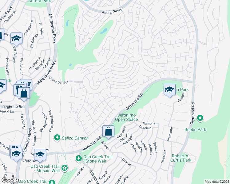 map of restaurants, bars, coffee shops, grocery stores, and more near 23978 Calle Alonso in Mission Viejo