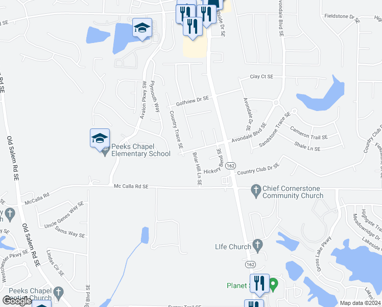 map of restaurants, bars, coffee shops, grocery stores, and more near 2804 Briar Hill Lane Southeast in Conyers