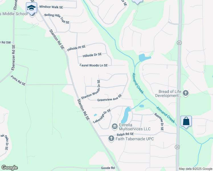 map of restaurants, bars, coffee shops, grocery stores, and more near 618 Almand Branch Road Southeast in Conyers