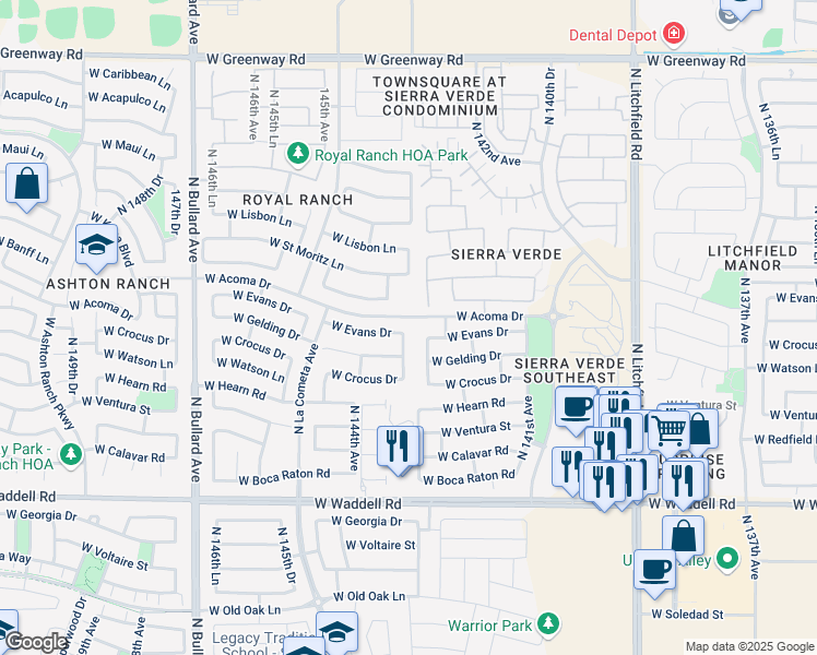 map of restaurants, bars, coffee shops, grocery stores, and more near 14425 North 143rd Drive in Surprise