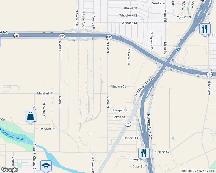 map of restaurants, bars, coffee shops, grocery stores, and more near 1407 Avenue North in Lubbock