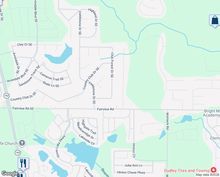 map of restaurants, bars, coffee shops, grocery stores, and more near 2815 Club Forest Drive Southeast in Conyers