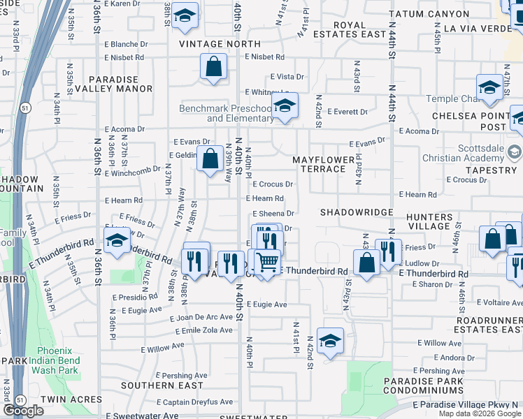 map of restaurants, bars, coffee shops, grocery stores, and more near 4028 East Sheena Drive in Phoenix