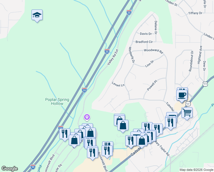 map of restaurants, bars, coffee shops, grocery stores, and more near 451 Woodward Road in Trussville