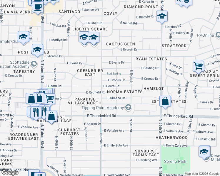 map of restaurants, bars, coffee shops, grocery stores, and more near 5233 East Hearn Road in Scottsdale