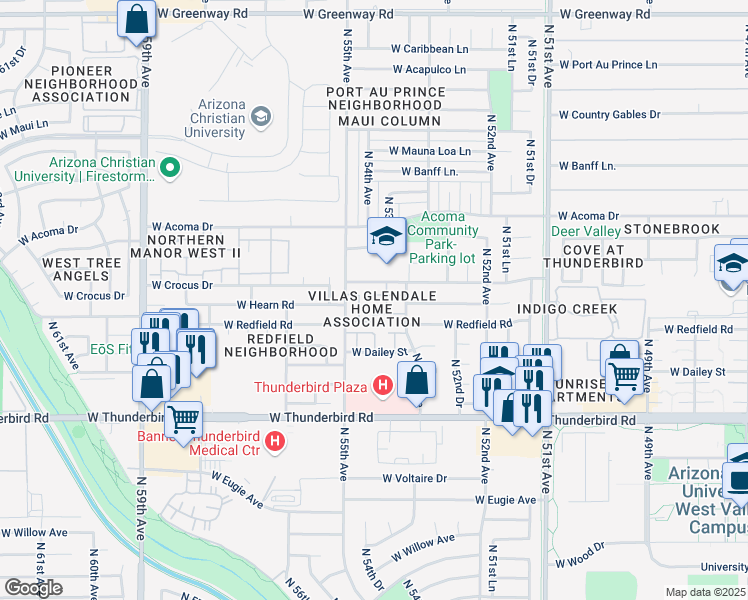 map of restaurants, bars, coffee shops, grocery stores, and more near 5419 West Sheena Drive in Glendale