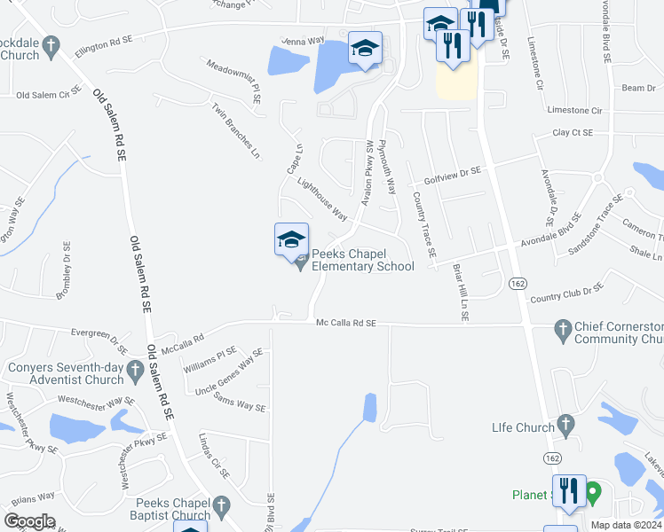 map of restaurants, bars, coffee shops, grocery stores, and more near 3106 Baywood Court in Conyers