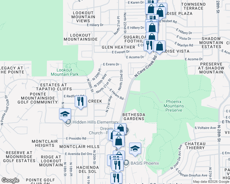 map of restaurants, bars, coffee shops, grocery stores, and more near 14202 North 22nd Street in Phoenix