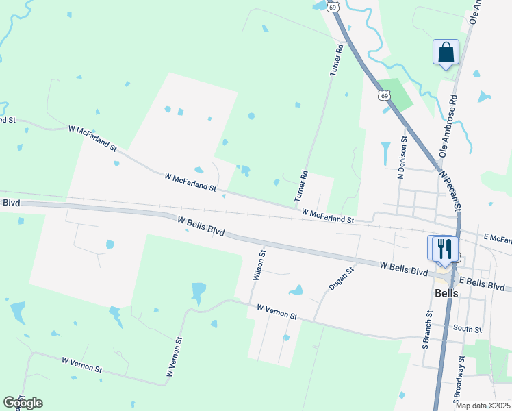 map of restaurants, bars, coffee shops, grocery stores, and more near 816 West McFarland Street in Bells