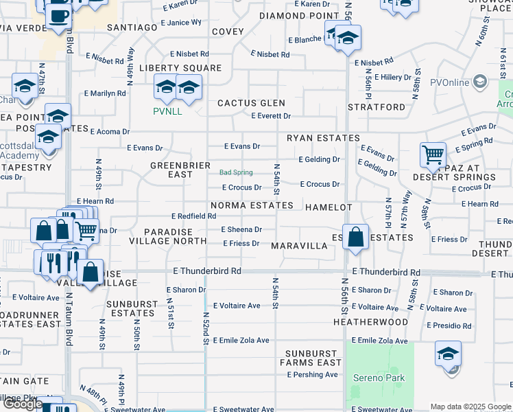 map of restaurants, bars, coffee shops, grocery stores, and more near 5317 East Hearn Road in Scottsdale