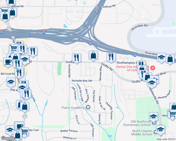 map of restaurants, bars, coffee shops, grocery stores, and more near 2200 Godby Road in Atlanta