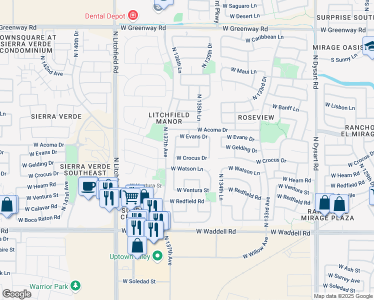 map of restaurants, bars, coffee shops, grocery stores, and more near 13623 West Gelding Drive in Surprise