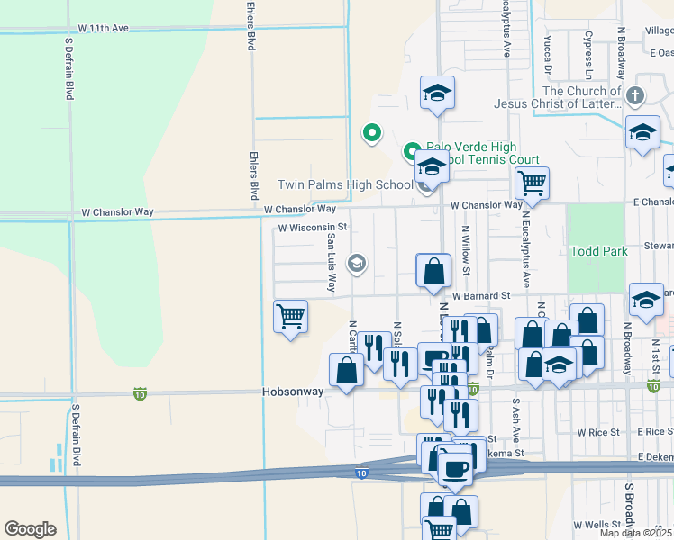 map of restaurants, bars, coffee shops, grocery stores, and more near 350 San Luis Way in Blythe