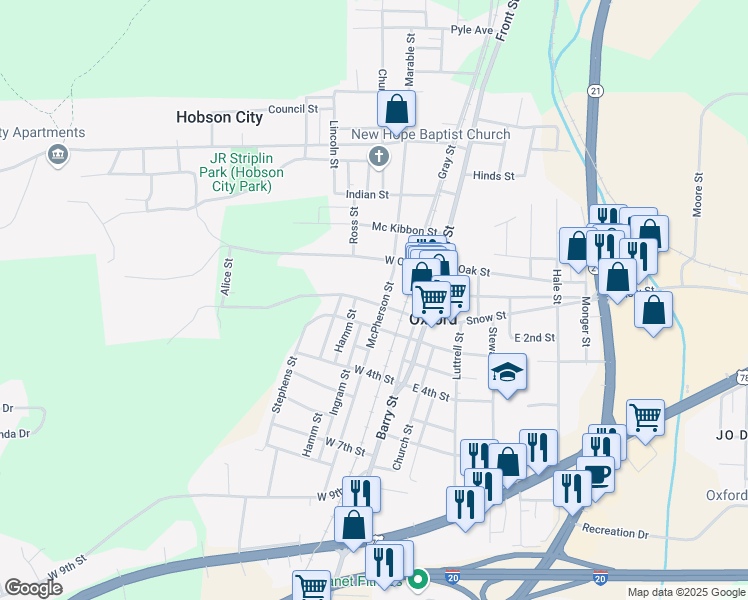 map of restaurants, bars, coffee shops, grocery stores, and more near 209 Spring Street in Oxford