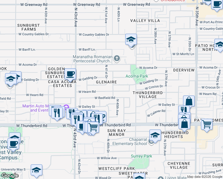 map of restaurants, bars, coffee shops, grocery stores, and more near 4102 West Hearn Road in Phoenix
