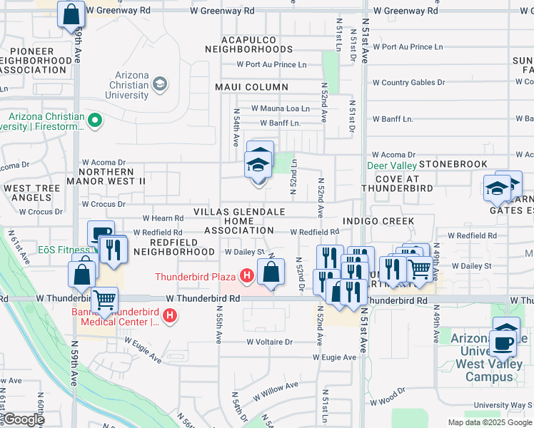 map of restaurants, bars, coffee shops, grocery stores, and more near 5256 West Hearn Road in Glendale