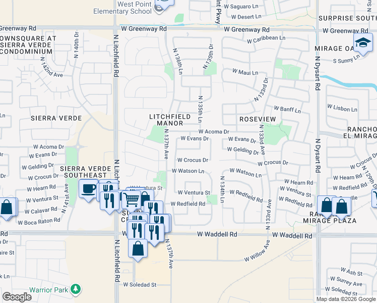 map of restaurants, bars, coffee shops, grocery stores, and more near 13623 West Gelding Drive in Surprise
