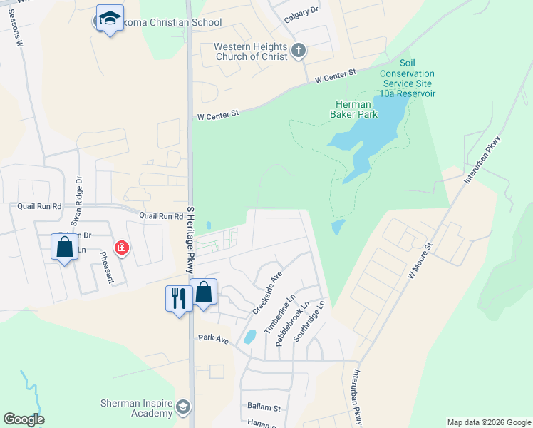 map of restaurants, bars, coffee shops, grocery stores, and more near 1206 Silverton Drive in Sherman