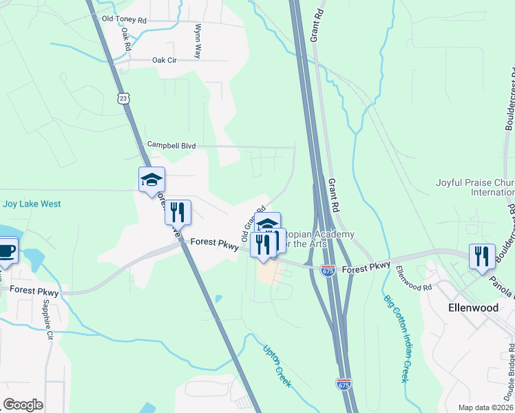 map of restaurants, bars, coffee shops, grocery stores, and more near 5133 Old Grant Road in Ellenwood