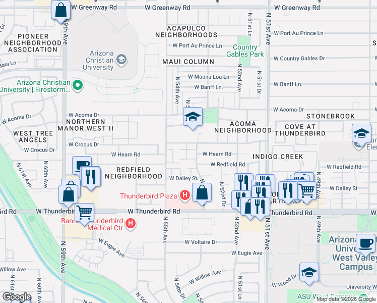 map of restaurants, bars, coffee shops, grocery stores, and more near 5315 West Sheena Drive in Glendale