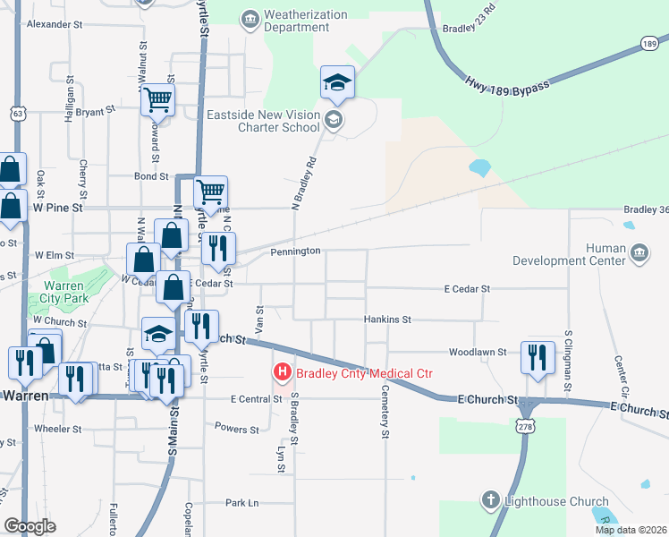 map of restaurants, bars, coffee shops, grocery stores, and more near 106 North Munn Street in Warren