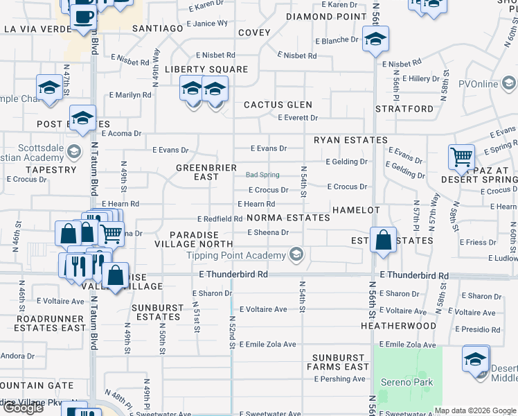 map of restaurants, bars, coffee shops, grocery stores, and more near 5233 East Hearn Road in Scottsdale