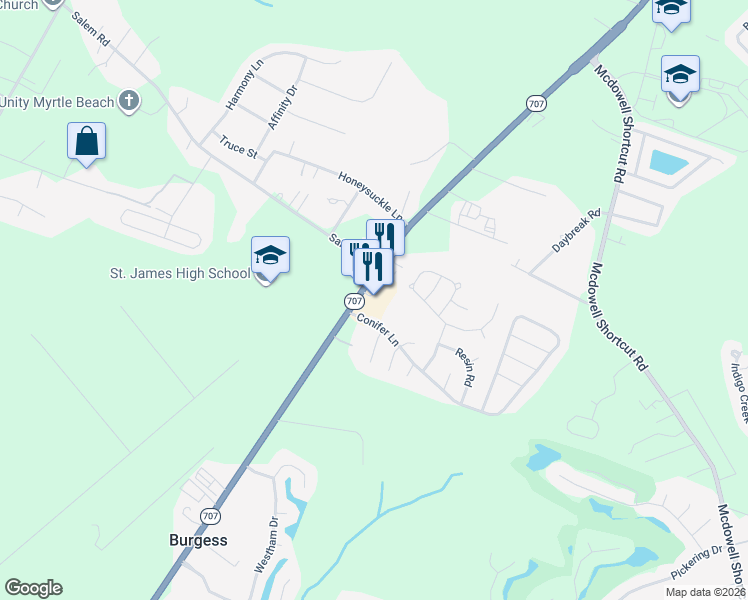 map of restaurants, bars, coffee shops, grocery stores, and more near 10799 South Carolina 707 in Murrells Inlet