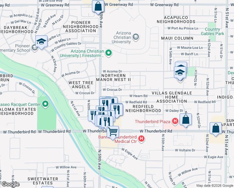 map of restaurants, bars, coffee shops, grocery stores, and more near 5802 W Hearn Rd in Glendale