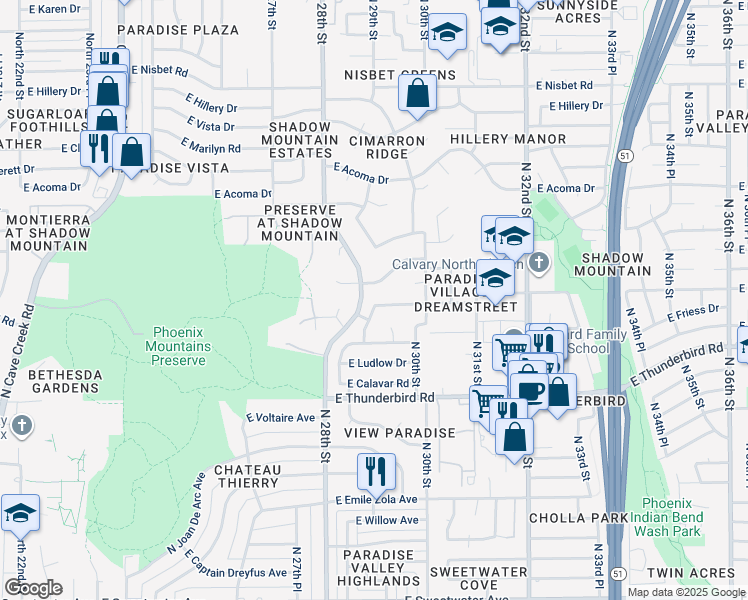map of restaurants, bars, coffee shops, grocery stores, and more near 2902 East Redfield Road in Phoenix