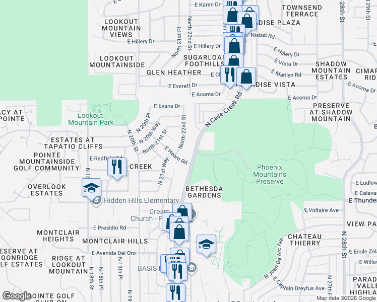 map of restaurants, bars, coffee shops, grocery stores, and more near 14040 North Cave Creek Road in Phoenix
